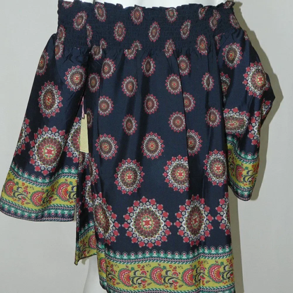 Band of Gypsies Zoe & Rose Dress Blue‎ Floral Off The Shoulder Bell Sleeves Mini